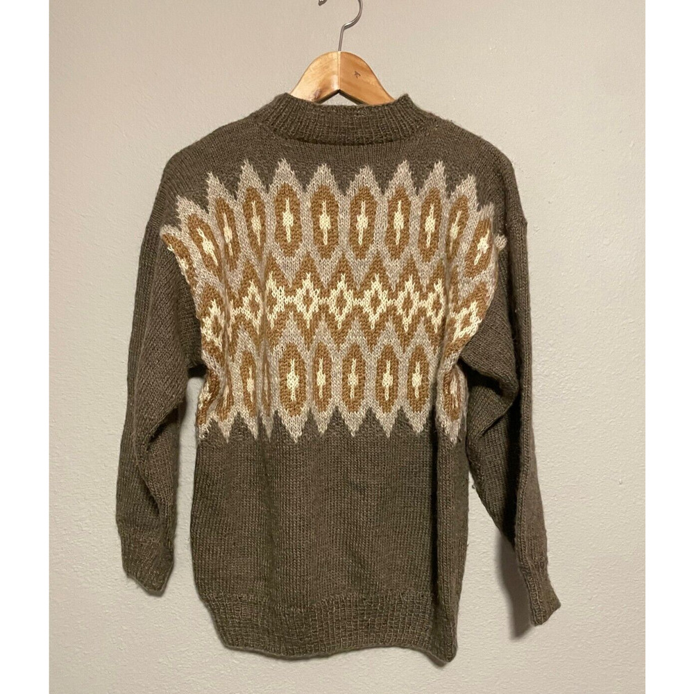 Vintage Handmade Mens Sweater Medium Brown Wool Geometric Mock Neck Grandpa Warm